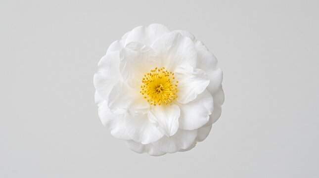A radiant white flower blooms with rounded petals and golden center, framed by glossy green leaves, symbolizing purity, natural elegance, and timeless botanical harmony.