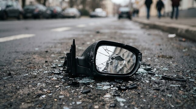 A broken car side mirror lying on the asphalt road after a traffic accident in the city street