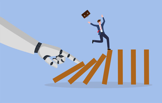 AI to disrupt human work, Artificial intelligence impact or challenge, job uncertainty future, innovation effect, AI change concept, AI robot arm push to collapse domino, businessman falling down. 