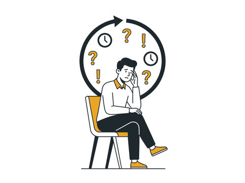 Tired man sitting on chair reflecting on cycle of questions and time constraints in stressful state.