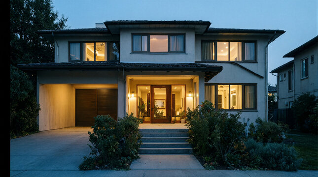 Mid-century modern house exterior featuring clerestory windows and attached carport at dusk