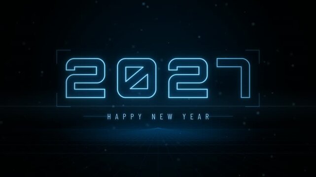 Futuristic blue neon glowing text displaying 2026 to 2027 Happy New Year with digital hud grid elements, representing technology celebration, holiday backdrop, and modern calendar banner