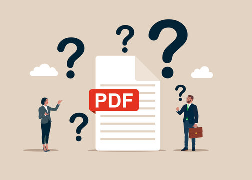 PDF icon file icon with question marks. Problem. Downloading document concept. Modern vector illustration in flat style