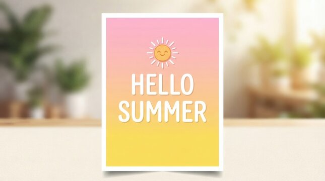 Bright and cheerful greeting card design featuring a happy sun illustration and bold text proclaiming HELLO SUMMER with a vibrant pink to yellow gradient for a warm sunny season announcement