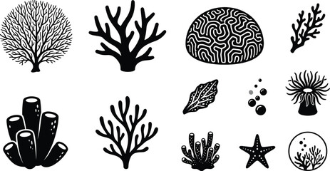 Ocean Coral Reef and Undersea Marine Life Silhouette Icon Set with Sea Fan, Brain Coral, Tube Sponges, Starfish, and Anemone Symbols © MdAshik