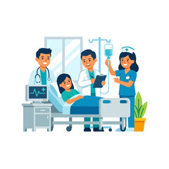 Fototapeta premium doctors and nurse caring for patient in hospital room with iv drip