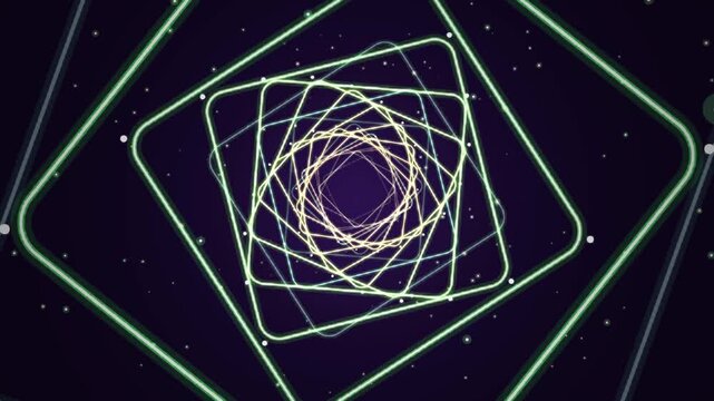 Futuristic neon tunnel background featuring glowing rotating square frames in dark cyberspace, representing dynamic energy flow, high-speed data transfer, and sci-fi portal, Background loop