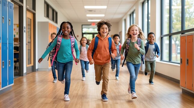 Smiling schoolchildren with backpacks run down a bright corridor with lockers and large windows, moving toward the camera during a busy school day