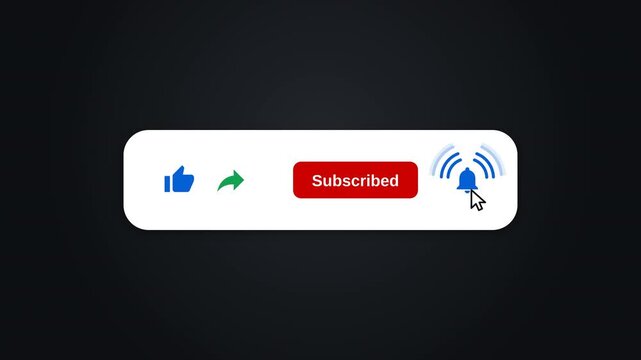Modern video channel subscribe bar graphic featuring thumbs up like icon, share arrow, red subscribed button, mouse cursor clicking notification bell icon, and dark background for video creators