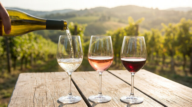 White wine pouring into glasses with red and ros&eacute; varieties on a wooden table overlooking a scenic vineyard at sunset