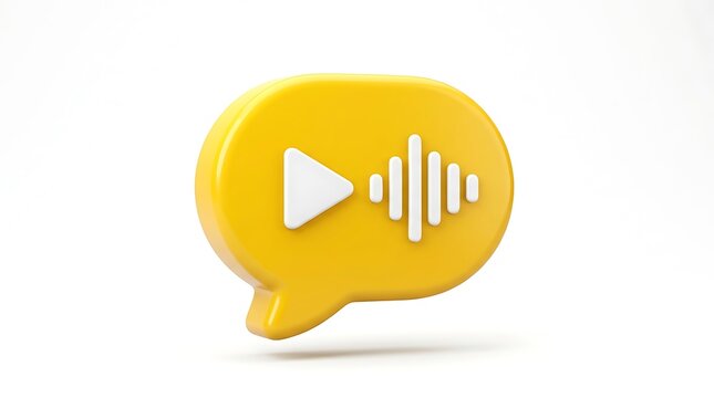 Yellow speech bubble icon with play button and audio sound wave symbol