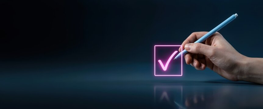Hand using pen to check neon pink box on dark background. Symbolizes successful choice or digital voting.