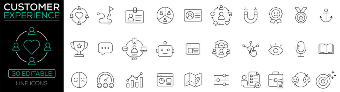 Customer Experience Management icon set with customer service, satisfaction, engagement, journey, loyalty, CRM, support, feedback, analytics and relationship management.