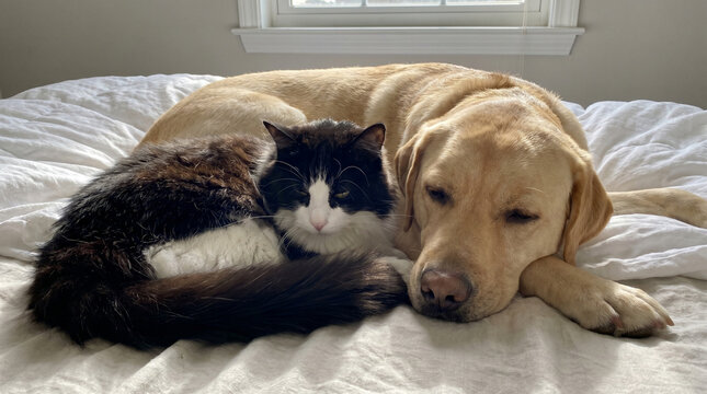 A gentle yellow Labrador dog and a fluffy cat peacefully nap on a soft white bed, embodying interspecies harmony and a heartwarming display of domestic comfort
