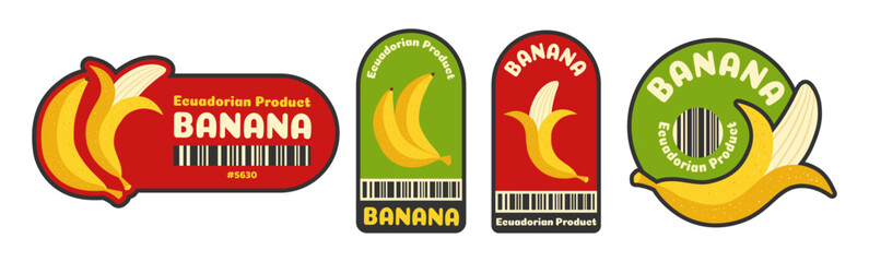 Obraz premium Banana fruit barcode label set. Trendy retro badges with organic fresh quality tag for supermarket, farm shop and grocery store packaging. Cartoon flat sticker design. Vector illustration art