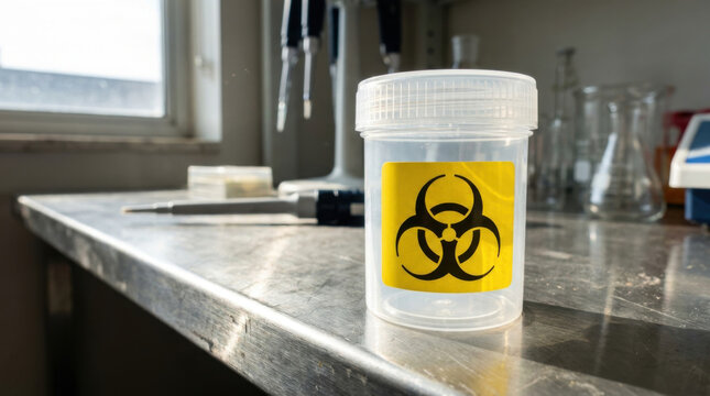 Biological hazard sample container on laboratory bench near window