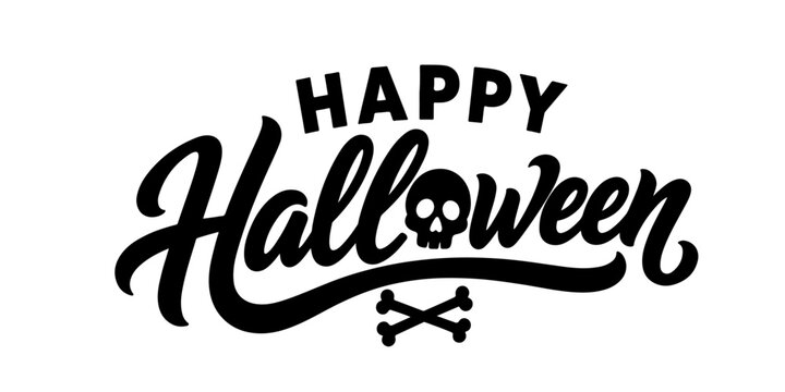 Happy Halloween Hand Lettering Typography with Skull and Crossbones Silhouette Vector