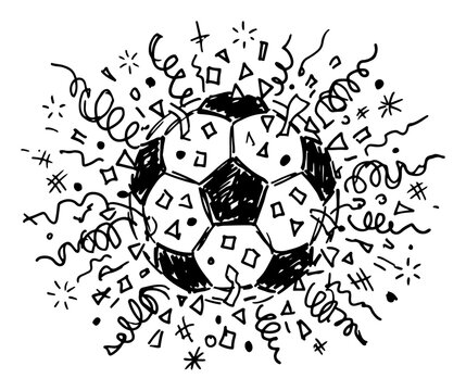 Soccer ball exploding with confetti and party streamers celebration concept doodle illustration