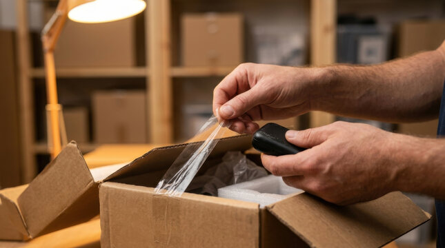 Packaging tape cardboard box hand parcel shipment warehouse return logistics delivery closeup sealing packing unpacking shipping storage supply
