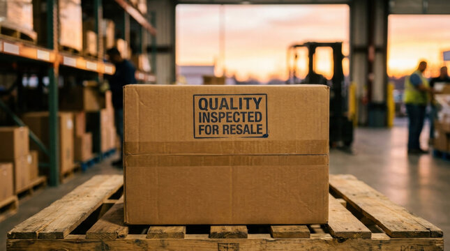 Quality inspected parcel for resale, warehouse pallet in sunset light, reverse logistics return stock