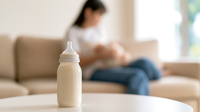 Bottle of Milk on Table with Mother and Baby in Background: Nurturing, Care, and Modern Parenthood in a Serene Home Setting
