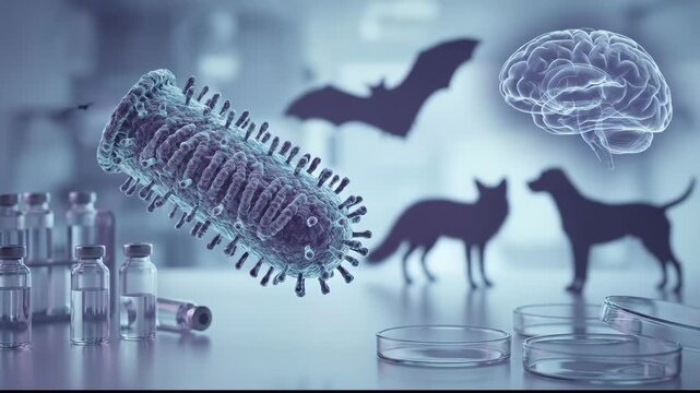 Lethal neurotropic agent: rabies virus, rhabdovirus particle, infect danger, brain target, animal host, vaccine discovery, viral threat, health challenge, medical research.