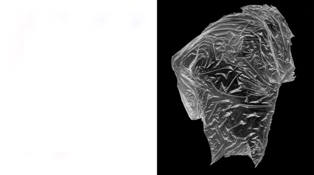 Crumpled plastic wrap texture on black background, transparent cling film overlay, wrinkled polyethylene material for graphic design mockups