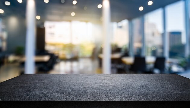 black stone table top and blurred bokeh office interior space background can used for display or montage your products