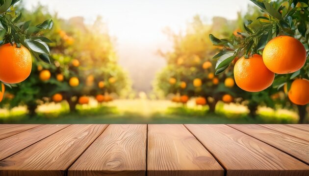 wood table top with blur of orange garden in the morning for montage product display or design key visual layout