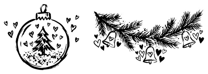 Obraz premium Christmas ornament ball and pine branch garland with bells and hearts in a hand-drawn ink style