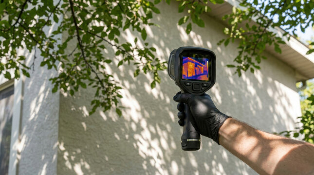 Thermal imaging energy loss check, infrared camera inspect exterior wall, gloved hand near house facade