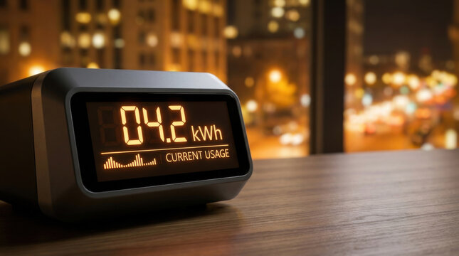 Smart electric meter digital screen home energy usage monitoring on table at night, glowing display