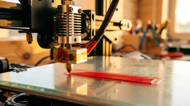 3d printer nozzle close up, plastic print on build plate, warm light, workshop setting