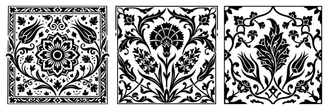 Ottoman floral tiles with Iznik tulip and carnation patterns black and white vector illustration