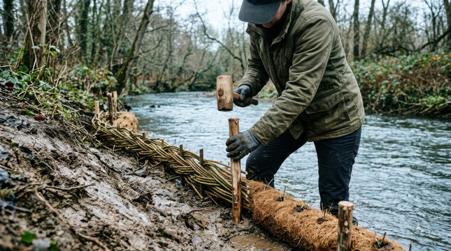 Riverbank engineering wetland restoration stream bank stabilization outdoor work