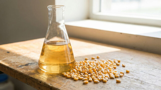 Glass flask laboratory glass corn grain ethanol experiment warm light wooden table