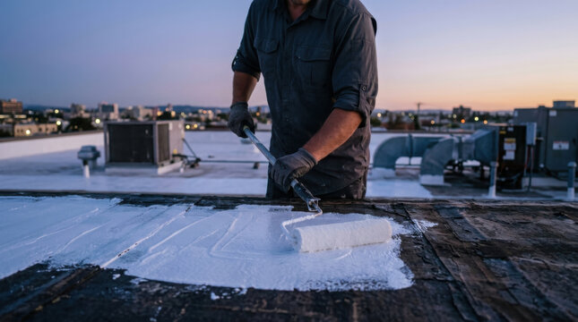 Roof coating roof repair roof maintenance roof sealant flat roof roller brush worker gloves rooftop