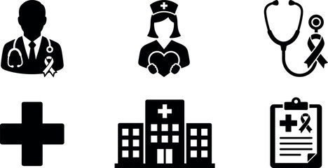 Fototapeta premium Medical and healthcare icon set featuring a doctor, nurse, stethoscope, awareness ribbon, hospital building, cross, and clipboard checklist isolated on white.