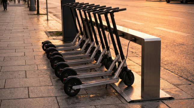 Electric scooter charging station row urban sidewalk sunset