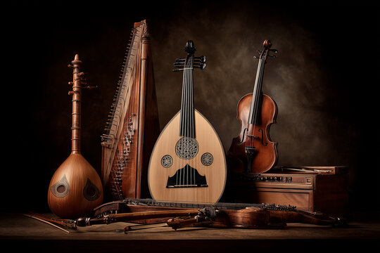 Assorted traditional string instruments in a dark studio