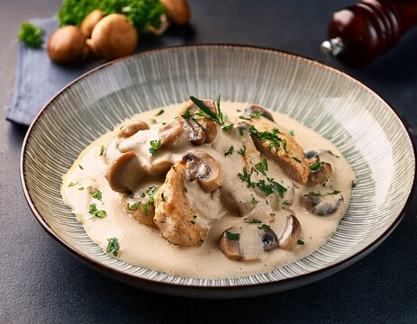 plate of chicken with mushrooms in a creamy sauce with herbs
