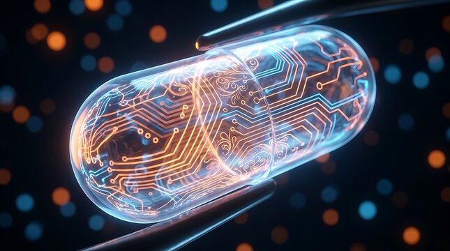 Transparent capsule with glowing circuit board inside