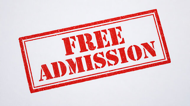 Red rubber stamp impression with the text 'FREE ADMISSION' on a white background, highlighting a clear and direct message of no cost entry