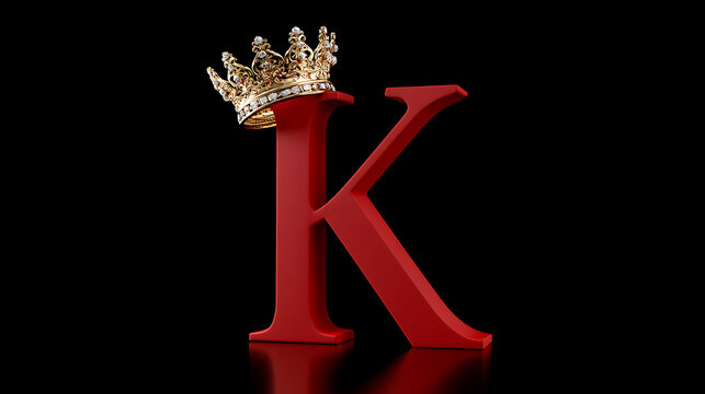 Bold Red Letter K Adorned with a Golden Crown, Symbolizing Royalty, Leadership, and Distinction on a Reflective Black Background