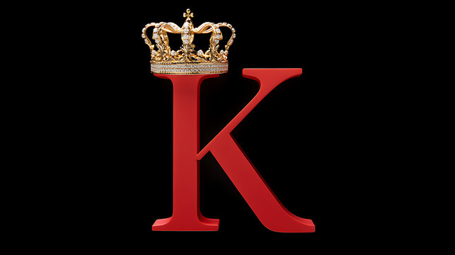 Bold red letter K with elegant golden crown, symbolizing royalty, power, and prestige on a stark black background, ideal for design concepts