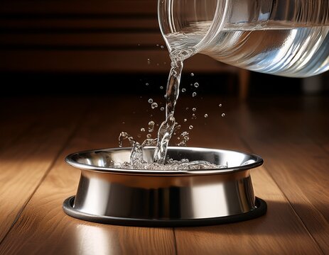 fresh water being poured into a metal pet bowl on a wooden floor hydration for dog or cat grooming and daily care