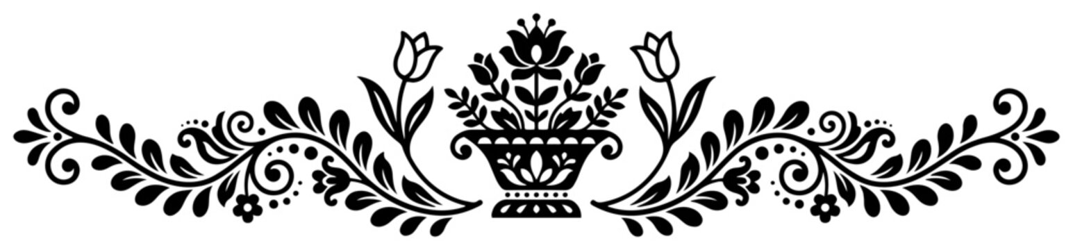 Floral branch divider with central flower basket and decorative leaves folk art style