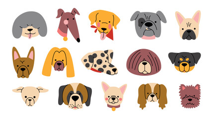 Fototapeta premium Cute set of illustrations of dogs faces with different breeds in cartoon linear style. Colorful collection of pets characters. Bright set of vector flat stickers and avatar icons for decor and design.