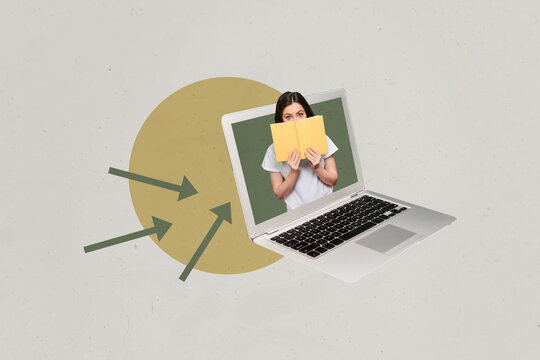 Composite 3d art pop image collage of happy businessman businesswoman stand laptop device freelancer programmer decoding
