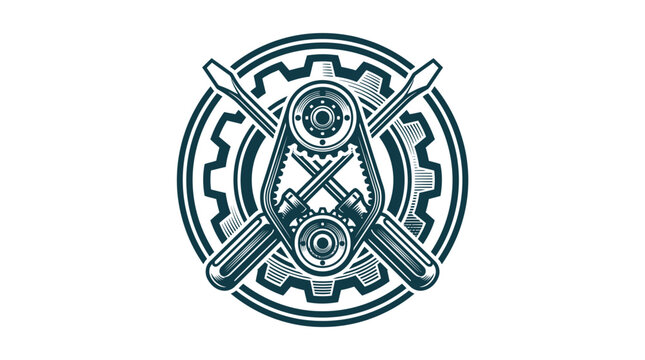 Automotive mechanical icon featuring gears, timing belt, pulleys, and crossed screwdrivers in a circular badge emblem, industrial repair shop logo design isolated on white background.